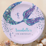 Purple Mermaid Birthday Paper Plate<br><div class="desc">Add a touch of enchantment to your little mermaid's special day with our customizable mermaid theme birthday paper plates! These plates feature a stunning purple background with a stylish blue-purple glitter print mermaid tail and seahorses that will transport your guests to an underwater paradise. These plates are fully customizable –...</div>