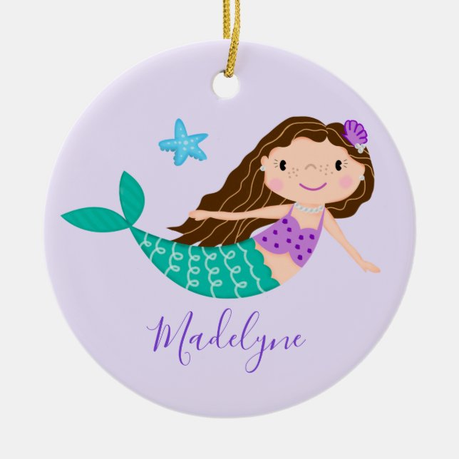 Purple Mermaid Christmas Script Name Ceramic Ornament (Front)