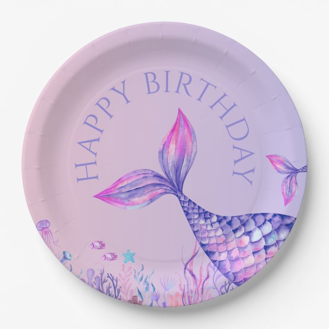 Purple Mermaid Happy Birthday Paper Plate (Front)