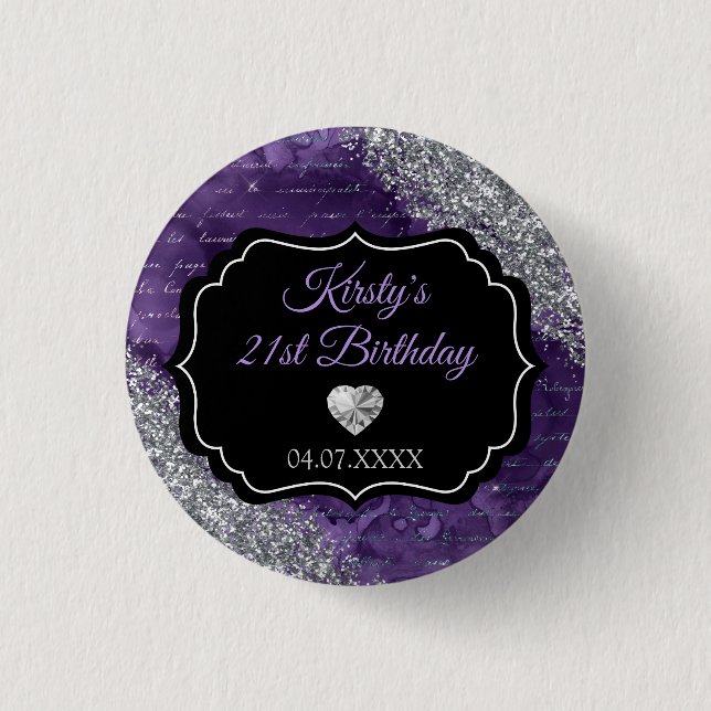Purple Mermaid Letters Silver Glitter Birthday 1 Inch Round Button (Front)