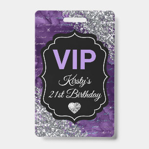 Purple Mermaid Letters Silver Glitter Birthday VIP Badge