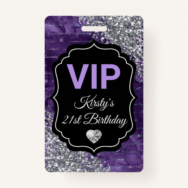 Purple Mermaid Letters Silver Glitter Birthday VIP Badge (Front)