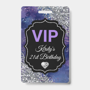 Purple Mermaid Letters Silver Glitter Birthday VIP Badge