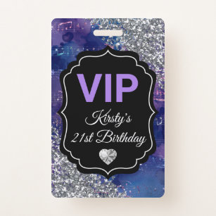 Purple Mermaid Letters Silver Glitter Birthday VIP Badge