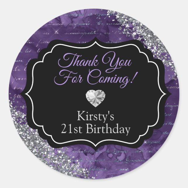 Purple Mermaid Letters Silver Glitter Thank You Classic Round Sticker (Front)