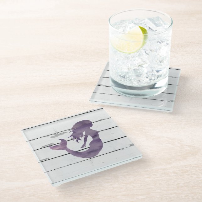 Purple Mermaid Painting Beach Glass Coaster (Angled)