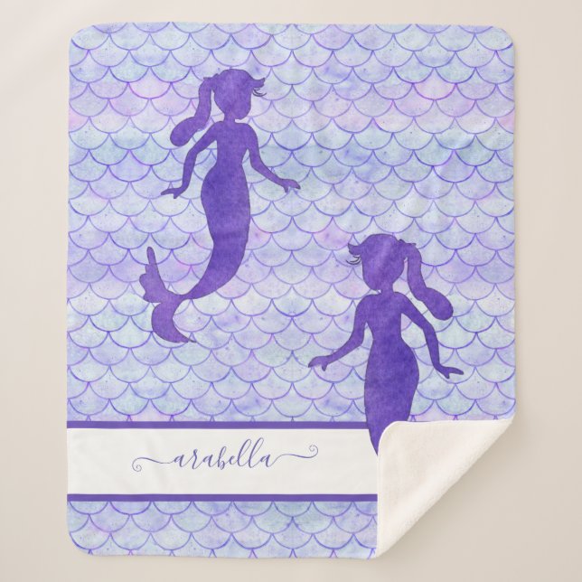 Purple Mermaid Tail Scale Pattern Watercolor Name Sherpa Blanket (Front)