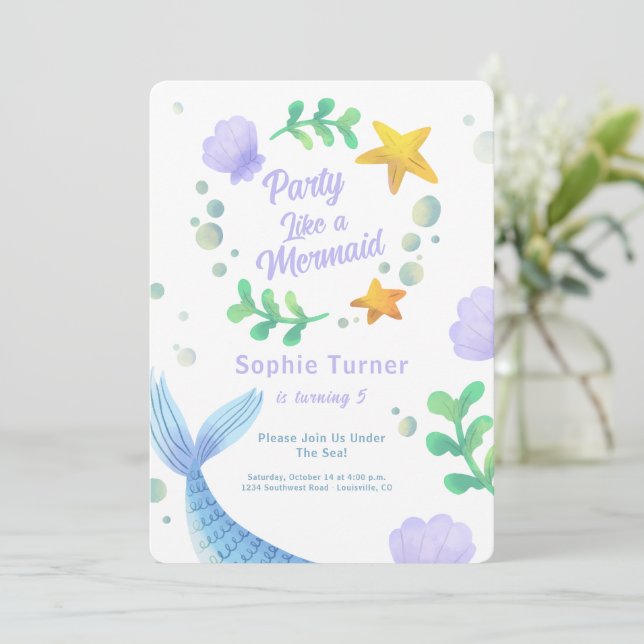 Purple Mermaid Tail Under The Sea Birthday Invitation (Standing Front)