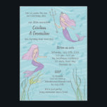 Purple Mermaid Twins or Sisters Birthday Invitation<br><div class="desc">Purple mermaid twins (or sisters!) on a wavy aqua blue background decorate the front of this whimsical birthday invitation. On the back find a cute purple jellyfish and room for a photo and personalization. This sweet design will delight mermaid fans of all ages and can be used for twin or...</div>