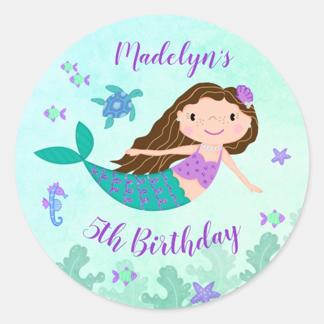 Purple Mermaid Under The Sea Birthday Classic Round Sticker (Front)