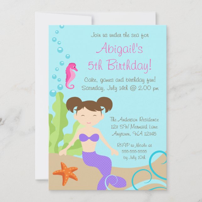Purple Mermaid Under The Sea Birthday Party Invitation (Front)