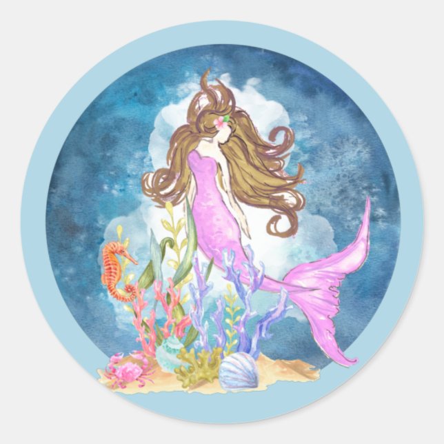 Purple Mermaid Watercolor Globe Classic Round Sticker (Front)