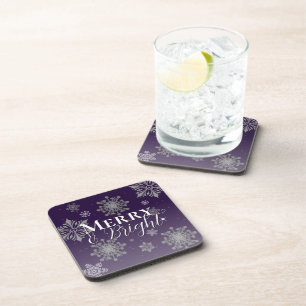 Purple Merry and Bright Snowflakes Christmas Coaster