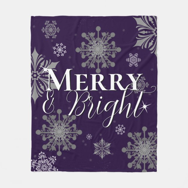 Purple Merry and Bright Snowflakes Christmas Fleece Blanket (Front)