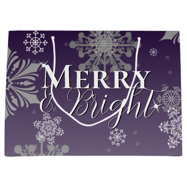 Purple Merry and Bright Snowflakes Christmas Large Gift Bag (Front)