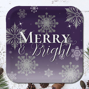 Purple Merry and Bright Snowflakes Christmas Paper Plate