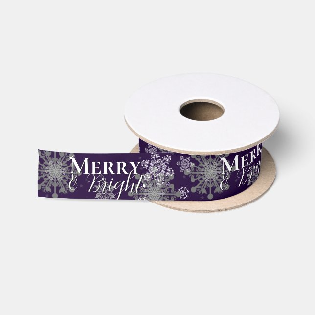 Purple Merry and Bright Snowflakes Christmas Satin Ribbon (Spool)