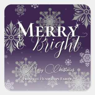 Purple Merry and Bright Snowflakes Christmas Square Sticker