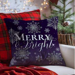 Purple Merry and Bright Snowflakes Christmas Throw Pillow