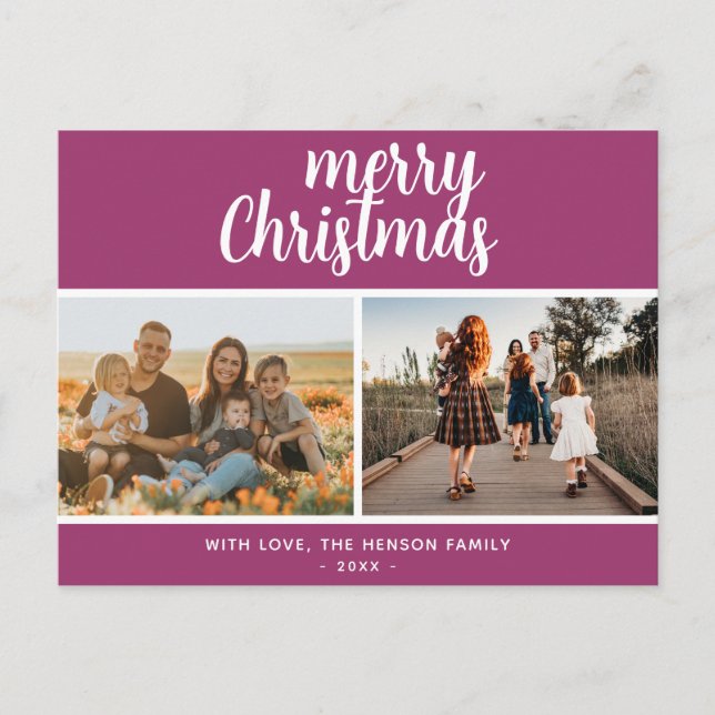 Purple Merry Christmas Family 2 Photo  Holiday Postcard (Front)