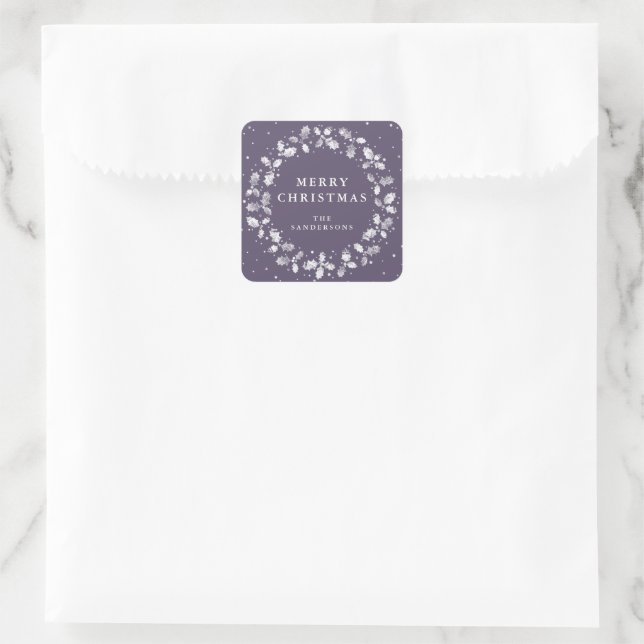 Purple Merry Christmas Holly Wreath Christmas Square Sticker (Bag)