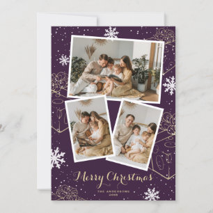 Purple Merry Christmas Photo Collage Holiday Card