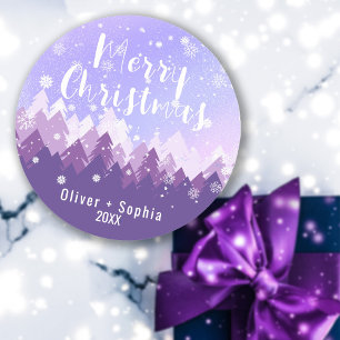 Purple Merry Christmas Snowy Forest Classic Round Sticker