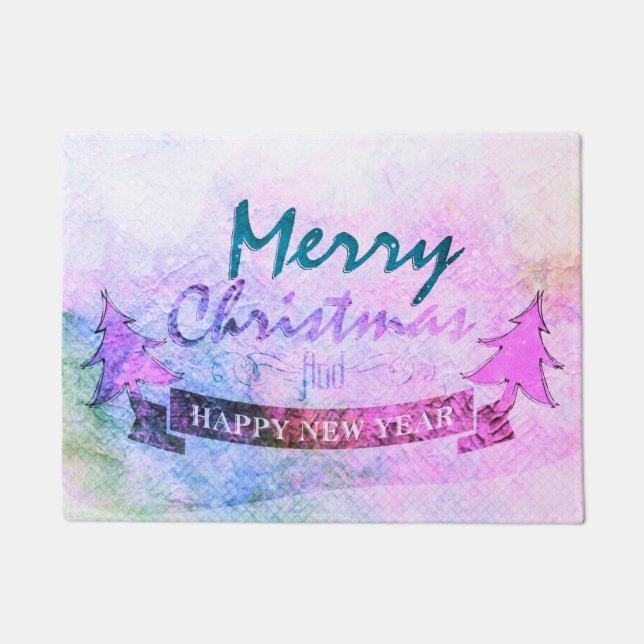Purple Merry Christmas Watercolor Trees Doormat (Front)