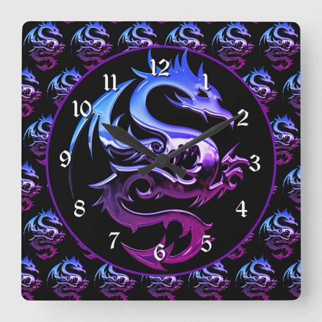 Purple Metallic Dragon Square Wall Clock (Front)
