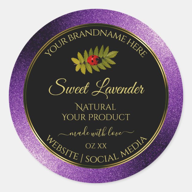Purple Metallic Faux Glitter Black Product Labels (Front)