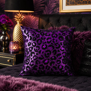 Purple Metallic Leopard Print Animal Pattern Throw Pillow