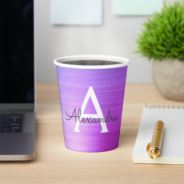 Purple Metallic Stylish Monogram Paper Cups (Insitu)