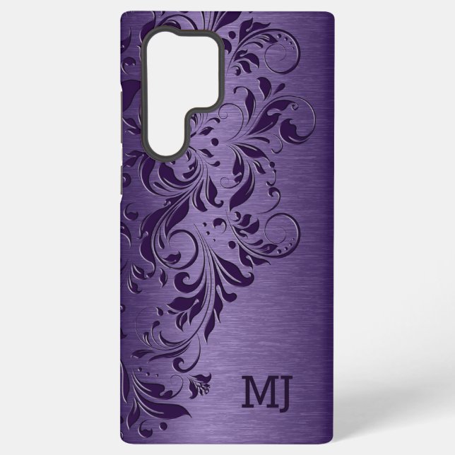 Purple Metallic Texture & Floral Lace Samsung Galaxy S22 Ultra Case (Back)