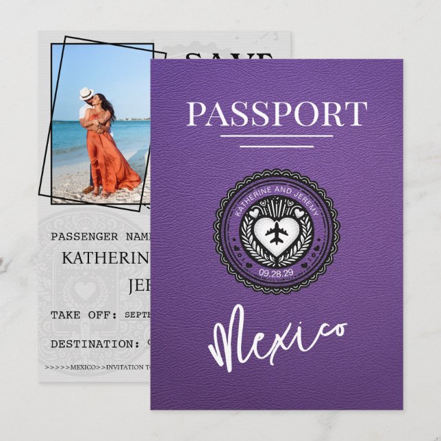 Purple Mexico Passport Save The Date (Front/Back)