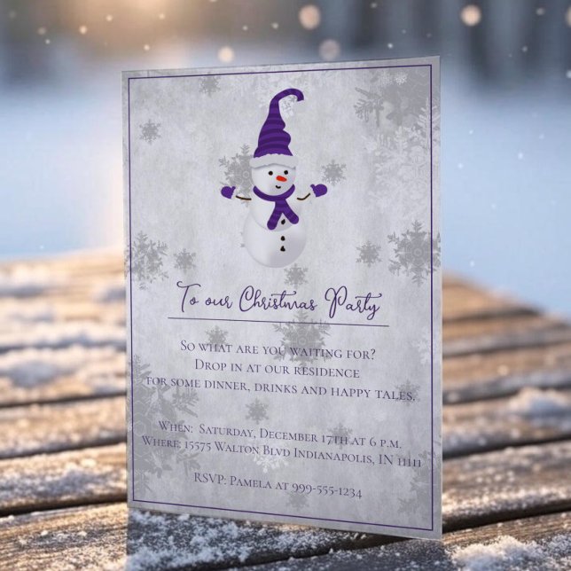 Purple mignon Snowman Noël Invitation (Purple Cute Snowman Christmas Party Invitation)