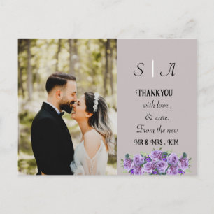 purple minimal Soft Grey and Black Photo Thank You Postcard