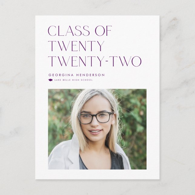Purple Minimalist Class of 2022 Photo Graduation Announcement Postcard (Front)