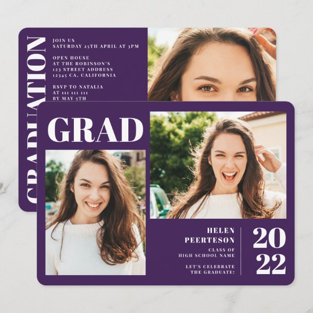 Purple minimalist modern 3 photos graduation invitation (Front/Back)