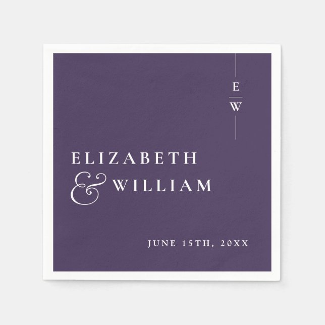 Purple Minimalist Modern Monogram Wedding Napkin (Front)