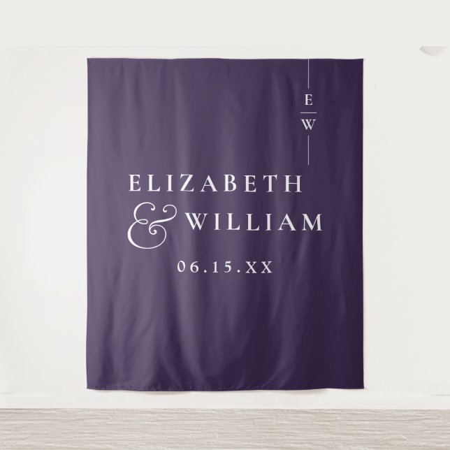 Purple Minimalist Monogram Wedding Photo Backdrop Tapestry (Front)