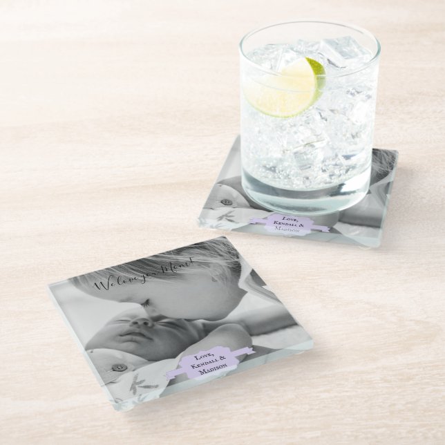 Purple Minimalist Photo Mother's Day Glass Coaster (Angled)