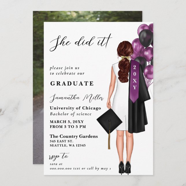 Purple Minimalist Photo She Did It Graduation  Invitation (Front/Back)