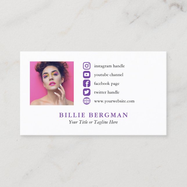 Purple Minimalist Social Media Profile Photo Business Card (Front)