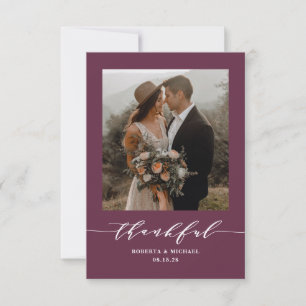 Purple Minimalist Thankful Script Wedding Thank You Card