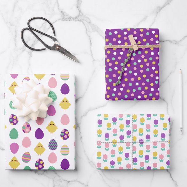 Purple Mint Chicken Eggs Tulips Easter Patterns Wrapping Paper Sheet (Front)