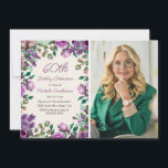 Purple Mint Green Floral 60th Birthday Photo  Invitation<br><div class="desc">Celebrate a beautiful milestone with this elegant 60th birthday photo invitation. The design features a frame of watercolor roses, lilacs, and greenery in shades of purple and green, paired with stylish typography for the party details. A personalized photo of the guest of honour sits alongside the floral layout, creating a...</div>