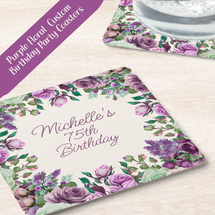 Purple Mint Green Watercolor Floral 75th Birthday Square Paper Coaster