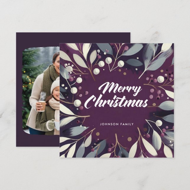 Purple mistletoe wreath Flat Holiday Card (Front/Back)