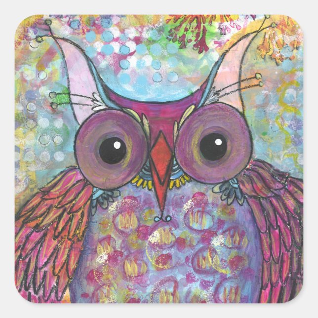 Purple Mixed Media Owl Square Sticker (Front)