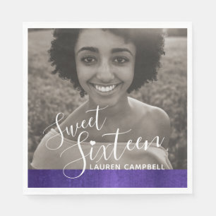 Purple modern art sweet sixteen photo template napkin